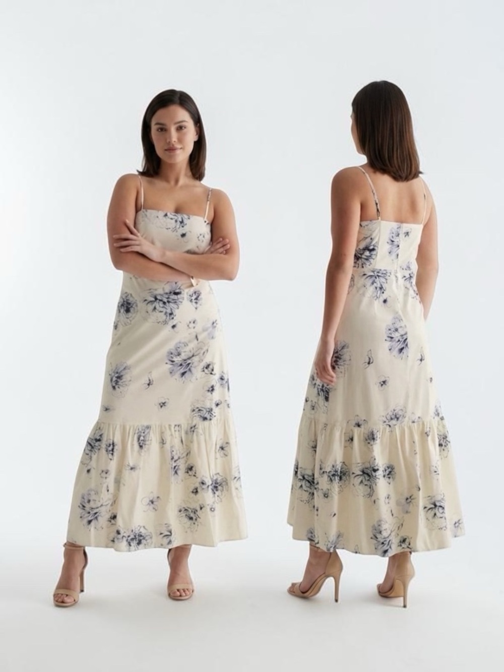 Express cream and blue Floral Square Neck Tiered Poplin botanical print Dress